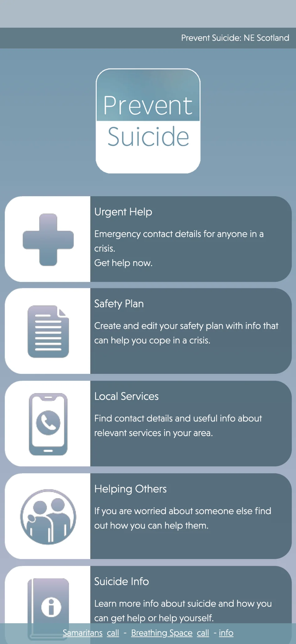 Prevent Suicide: NE Scotland app home screen